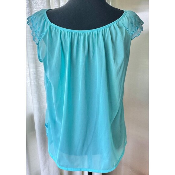 Vintage 1970s sleepwear top, turquoise negligee, sleeveless babydoll - Picture 4 of 10